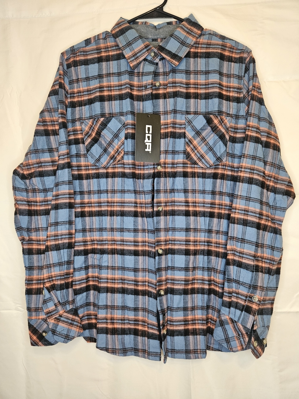 CQR Men's Blue & Black Plaid Button-Up Shirt Orange Accents Utility Gorpcore